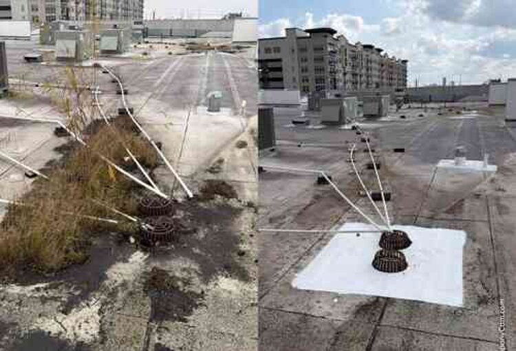 Before and after roof drain cleaning and coating