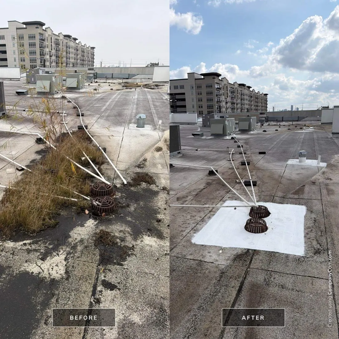 Before and after of two roof drains: overgrown with grass and debris under a gray sky, then cleared with a white coated square around them under a blue sky, photographed from the same position