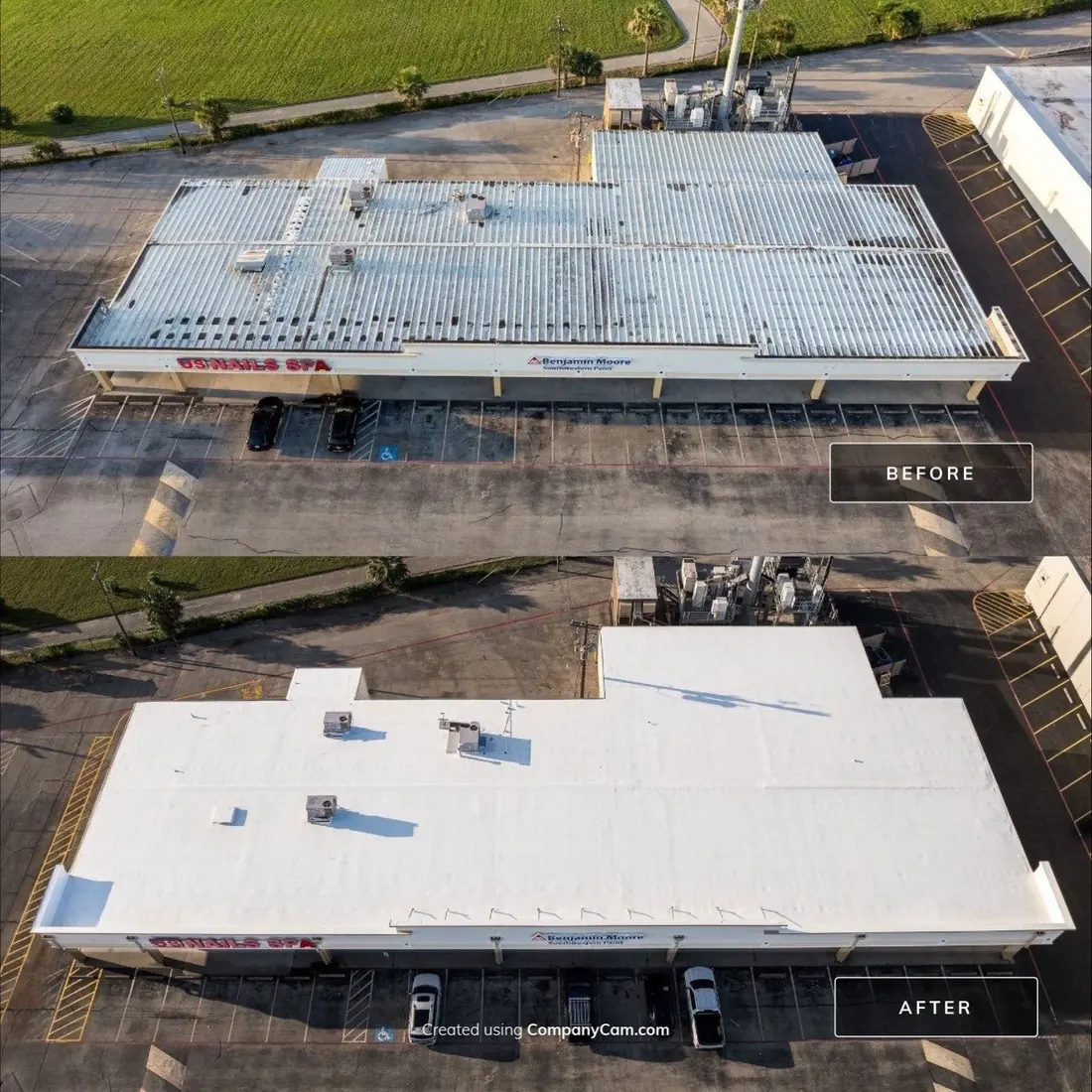 Aerial before and after of a Houston strip retail center, from a weathered standing-seam metal roof to a flat white single-ply membrane retrofit