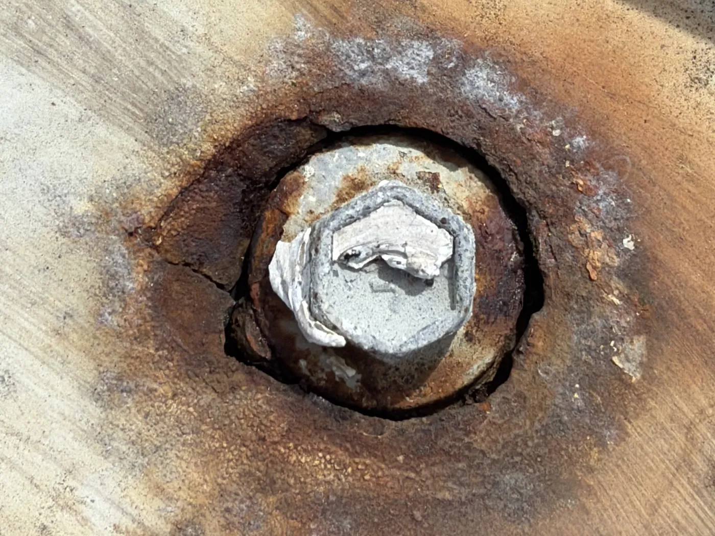 Close-up of a fastener on a metal roof panel with a badly rusted washer, cracked and flaking rust around it, white residue in the fastener head and rust staining spreading across the panel